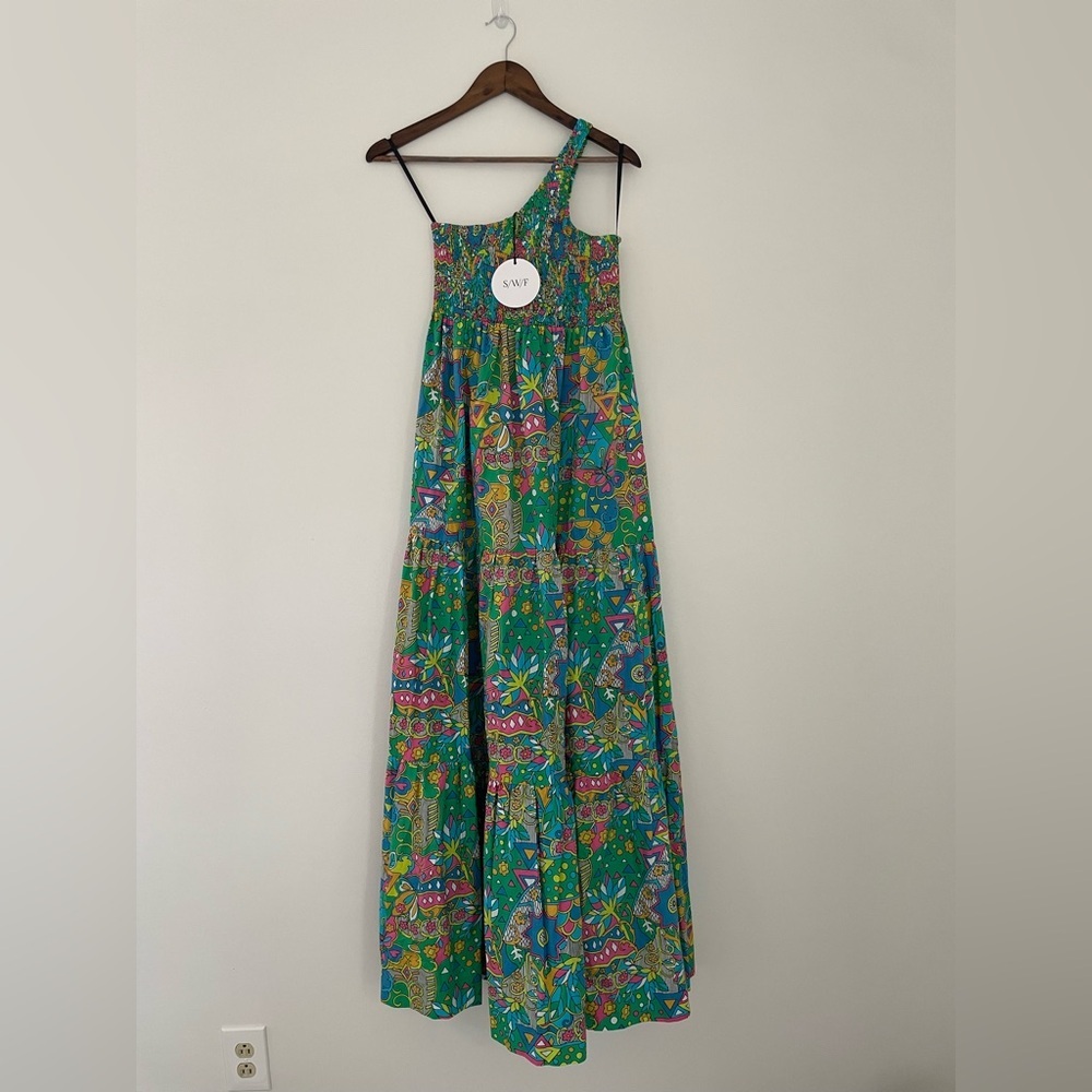 S/W/F Stevie Centered Artsy One Shoulder Multicolor Flowy Maxi Medium